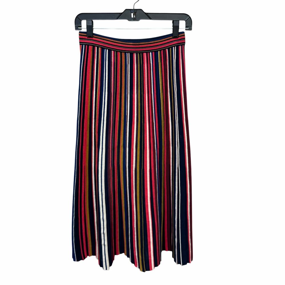 St. John Wool Blend Knit Pleated Midi Skirt Navy Multi Striped Size P / US 2